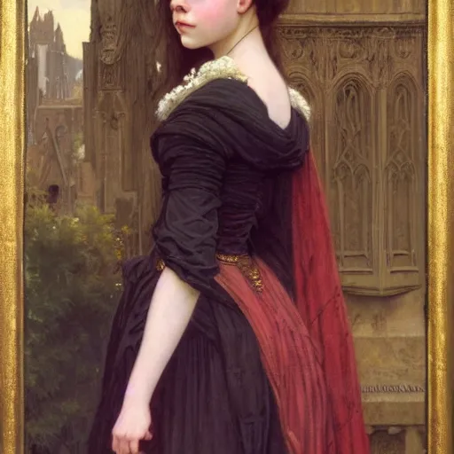 Image similar to detailed portrait painting of a princess who resembles Anya Taylor Joy, Chloe Grace Moretz, and Emma Watson in a steampunk cathedral by Michael Whelan, William Adolphe Bouguereau, John Williams Waterhouse,