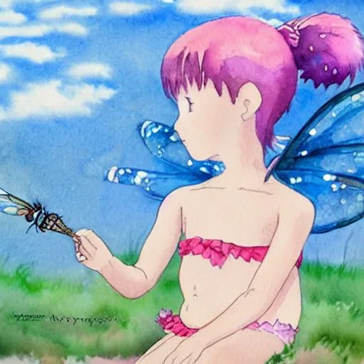 Image similar to award winning watercolor of a 3 0 year old auburn - headed fairy in short pigtails wearing a sparkly baby pink swimsuit with blue translucent dragonfly wings, against a cloudy blue sky backdrop, by hayao miyazaki