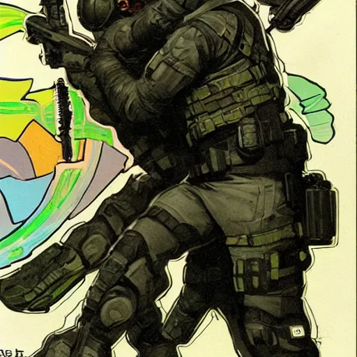 Image similar to Sam Fisher blackops operator choking out a guard. rb6s, MGS, and splinter cell Concept art by James Gurney, Alphonso Mucha. Vivid color scheme.