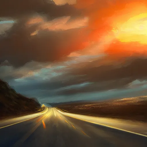 Prompt: a motorcycle driving down a sunset road by the ocean, dramatic lighting, oil painting, pale colors, high detail, 8 k, wide angle, trending on artstation,