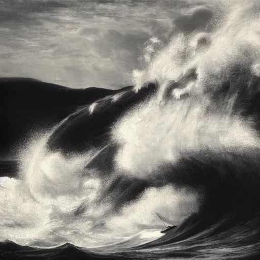 Image similar to by edwin austin abbey, by max dupain jaunty. the digital art of a huge wave about to crash down on three small boats. the boats are filled with people, & they all look terrified.