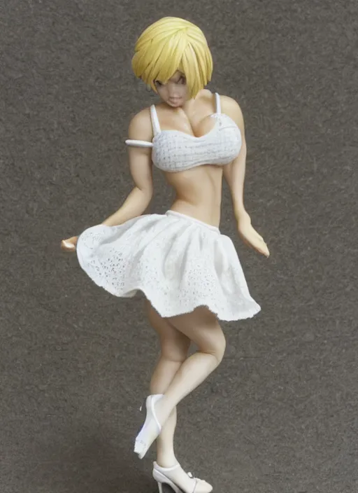 Image similar to Product Introduction Photos, 4K, Full body, 80mm resin detailed miniature of a very muscular lady in White and short lacy ruffled skirt, dark skin, Blonde hair