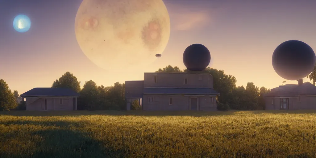 Prompt: a serene landscape with a singular building at sunrise with a giant jupiter appearing in all the sky, digital art, concept art, octane render, unreal engine 5, hyperrealistic, highly detailed, high quality, 4K, low contrast, soft lighting, path tracing, complementary colors, natural lighting, geometric