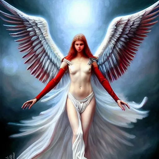 Image similar to beautiful white angel battling red winged devil, surreal, fantasy, intricate, mechanical, elegant, dramatic, highly detailed, gears, lifelike, photorealistic, digital painting, painterly, artstation, concept art, smooth, head in focus, sharp focus, background aerial battle, illustration, art by John Collier and Krenz Cushart and Artem Demura and Alphonse Mucha and Albert Aublet,