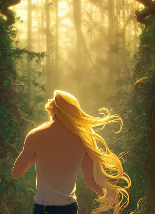 Image similar to book cover design, slender young man with long golden blond hair, shiny and sparkling, from behind, back shot, high angle, lost in a magical forest, natural lighting, path traced, highly detailed, high quality, cartoon, digital painting, by don bluth and ross tran and studio ghibli and alphonse mucha