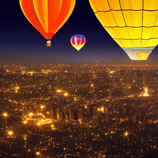 Image similar to 3 hot air balloons flying in the night sky above a city, realistic photograph