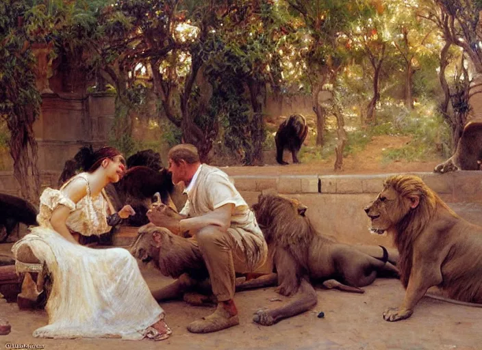 Prompt: a couple in love feeding the lions, highly detailed painting by gaston bussiere, craig mullins, j. c. leyendecker