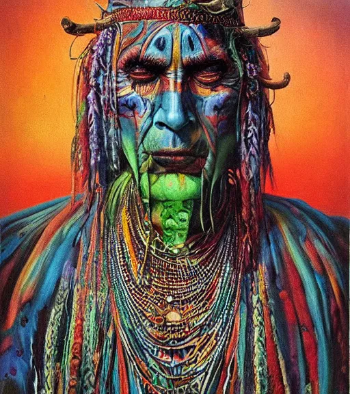 Image similar to Portrait painting in a style of Beksinski mixed with Alex Grey of an old shaman dressed in a colorful traditional clothes. Very psychodelic