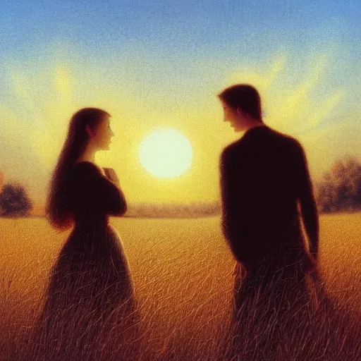 Prompt: A beautiful experimental art of a man and a woman in a field of tall grass with the sun setting behind them Toonami by Frank Holl, by Jonathan Wolstenholme ecstatic