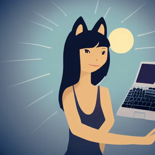 Prompt: cute woman wearing tank top and cat ears plays on computer, smooth art, sun flare