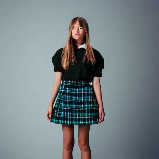 Image similar to female jade weber model teenage photography plaid mini skirt beautiful face, dramatic light darkroom