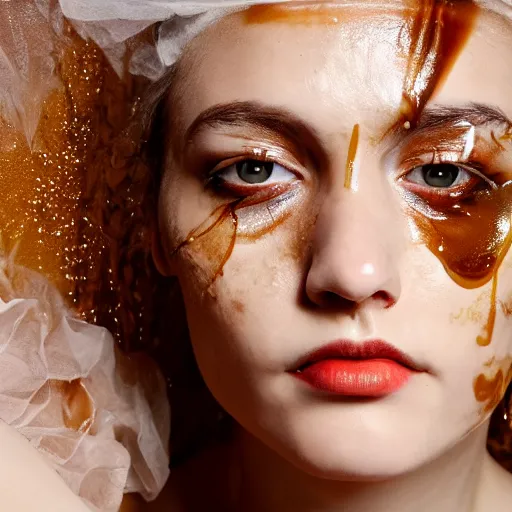 Prompt: photo shoot of a non clothes girl smeared in honey, high quality, high detail, professional shooting for a fashion magazine