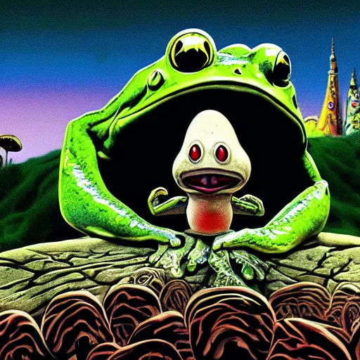 Image similar to A close up pfp of a horrifying psychedelic godlike anthropomorphic frog smoking an anime blunt , magic mushroom village in background . award winning. superb resolution. in the art style of junji Ito and greg rutkowski . Detailed Mushroom city in background. Hyper realistic anime. Perfect art. Dalle2