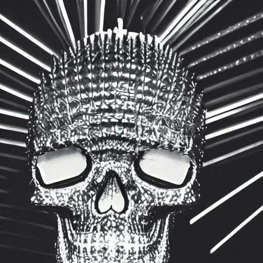 Image similar to a low poly disco skull full of long spikes, reflecting light in a nightclub, grainy film photograph