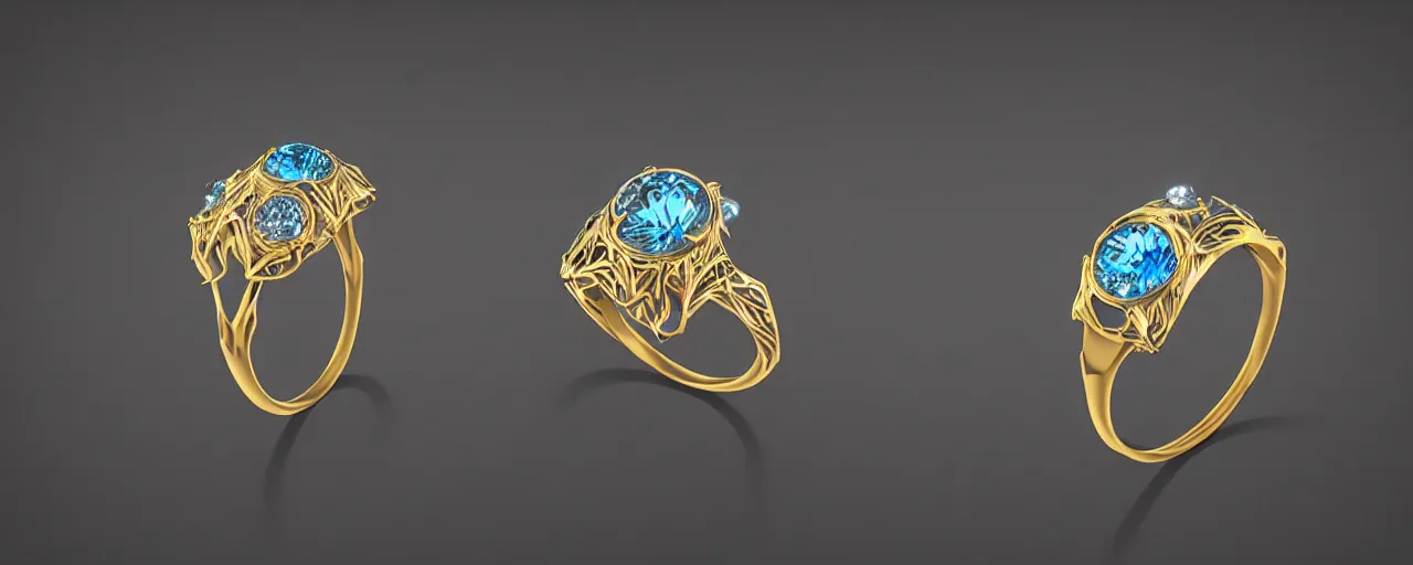 Prompt: simple golden magic crystal ring, radiant cut, ice, blue, gold, smooth shank, crystal, engravings, diamonds, product design, jewelry, colorful, art by gerald brom, greg rutkowski and artgerm, photo realism, unreal engine, c 4 d