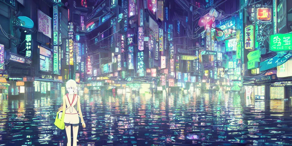 Prompt: white haired girl walking in a vibrant flooded tokyo at night, neon lights lots of trees,, volumetric lighting, ambient lighting, cinematic, subtle, vibrant colors anime illustration by studio ghibli, botw