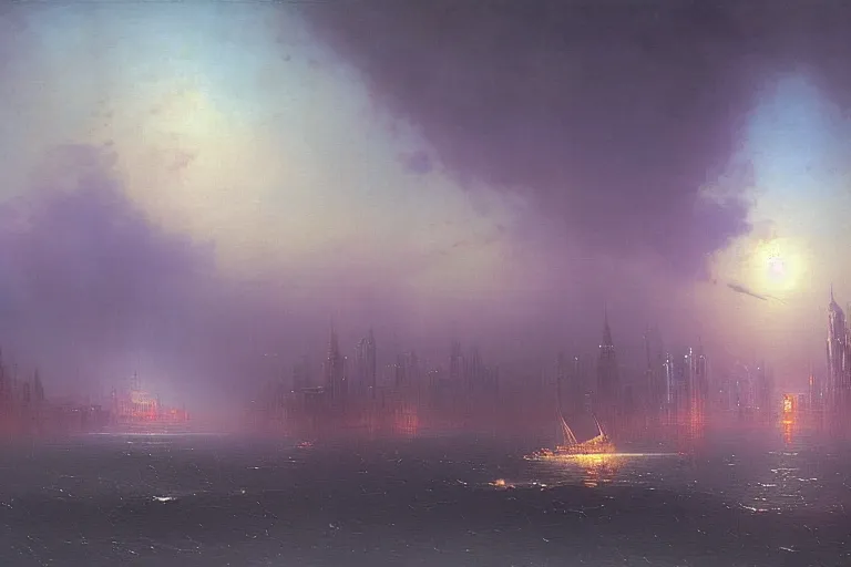 Prompt: futuristic city by ivan aivazovsky