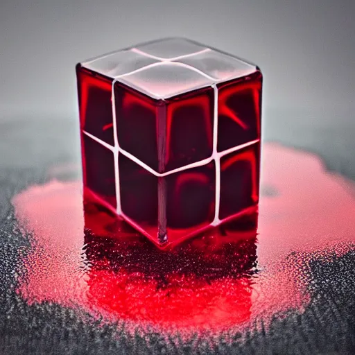 Image similar to transparent cube half filled with turbulent red liquid inside in a transparent twisted sphere