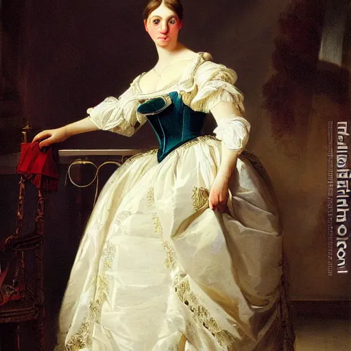 Prompt: full body portrait of a young german princess standing by a chair by Franz Xaver Winterhalter and Andreas Herman Hunæus painted in the 1860s, romanticism, vivid, fancy, beautiful face, rococo, clear, coherent