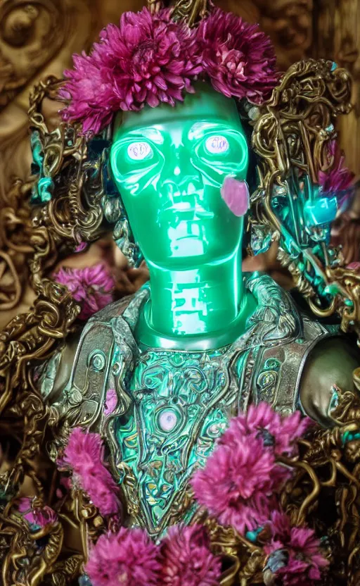 Image similar to a young handsome latino ceramic and pink iron-plated android prince with a large glowing mint crystal in the center of his chest, full-body bronze cyberpunk style statue of Andromeda with glowing green laser eyes, crown of mechanical chrysanthemums, flowing aqua silk, fabric, steampunk flowers. baroque elements, human skull. full-length view. baroque element. intricate artwork by caravaggio. many flying horses on background. Trending on artstation, octane render, cinematic lighting from the right, hyper realism, octane render, 8k, depth of field, 3D