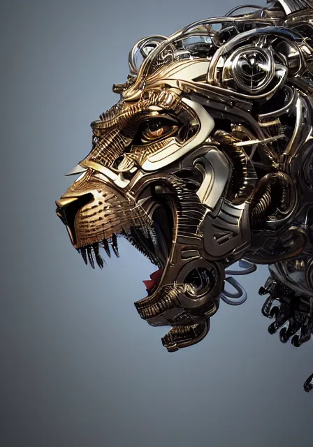 Prompt: complex 3 d render hyper detail portrait of a mechanical lion human cyborg, sci fi, full body, intricate, art by kazuhiko nakamura and hajime sorayama, 8 k octane detailed render, post - processing, extremely hyperdetailed, intricate futuristic mechanic parts, maya, dark background, sharp focus, blender, cinematic lighting + masterpiece, trending on artstation