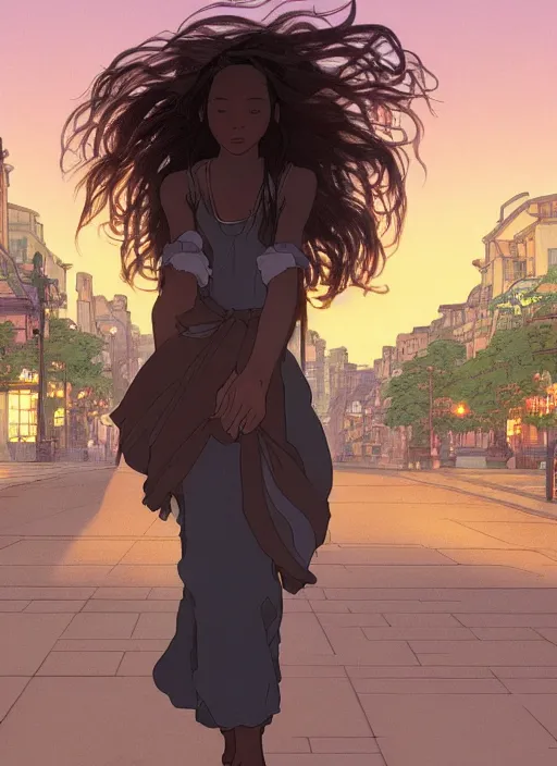 Image similar to pretty young black woman with long hair walking down a city street at dusk, path traced, highly detailed, high quality, digital painting, by studio ghibli and alphonse mucha, leesha hannigan, makoto shinkai, disney