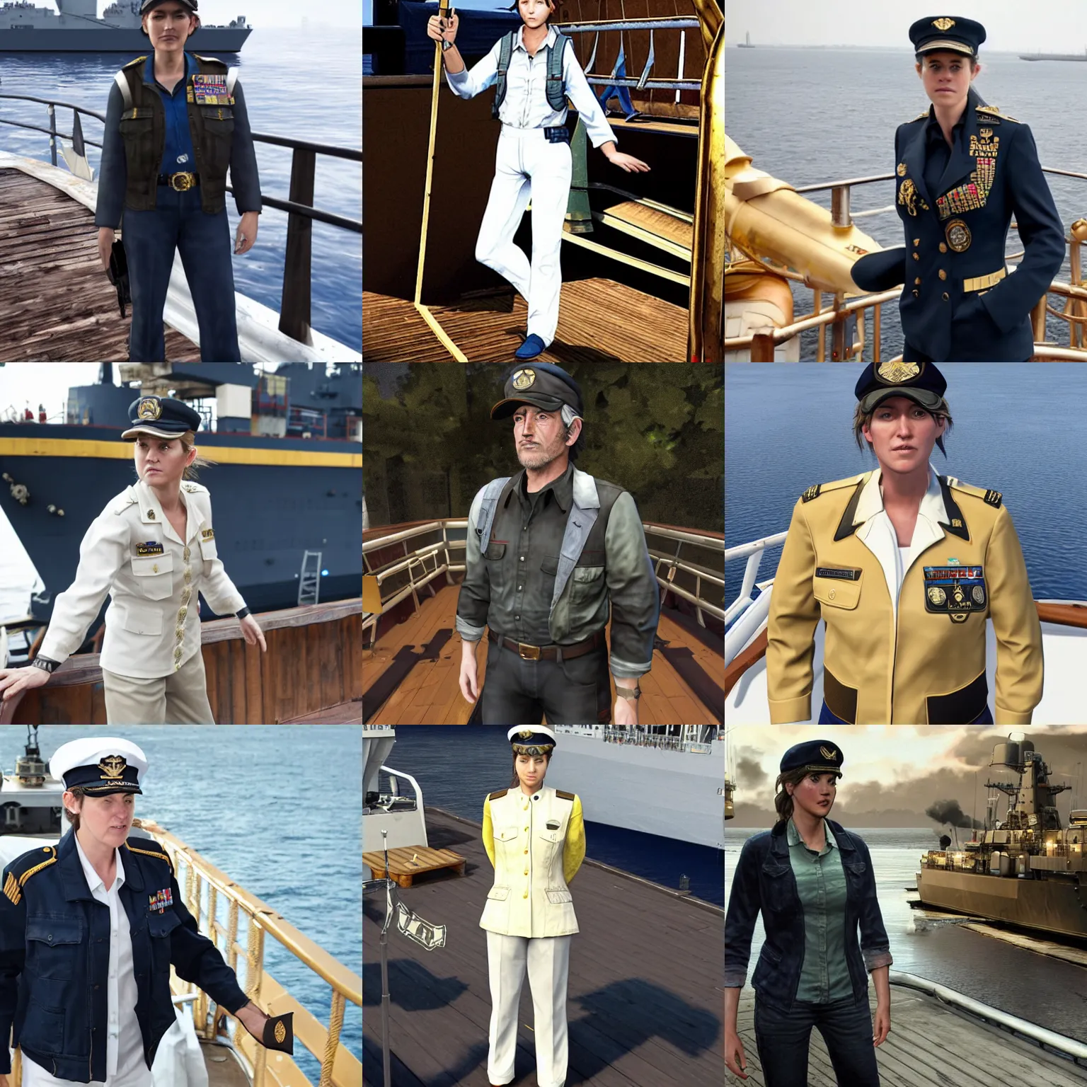 Prompt: Ellie (The Last of Us) as a Navy Admiral, wearing a mess jacket, white waistcoat, gold-laced trousers and a peaked cap, on the deck of a ship