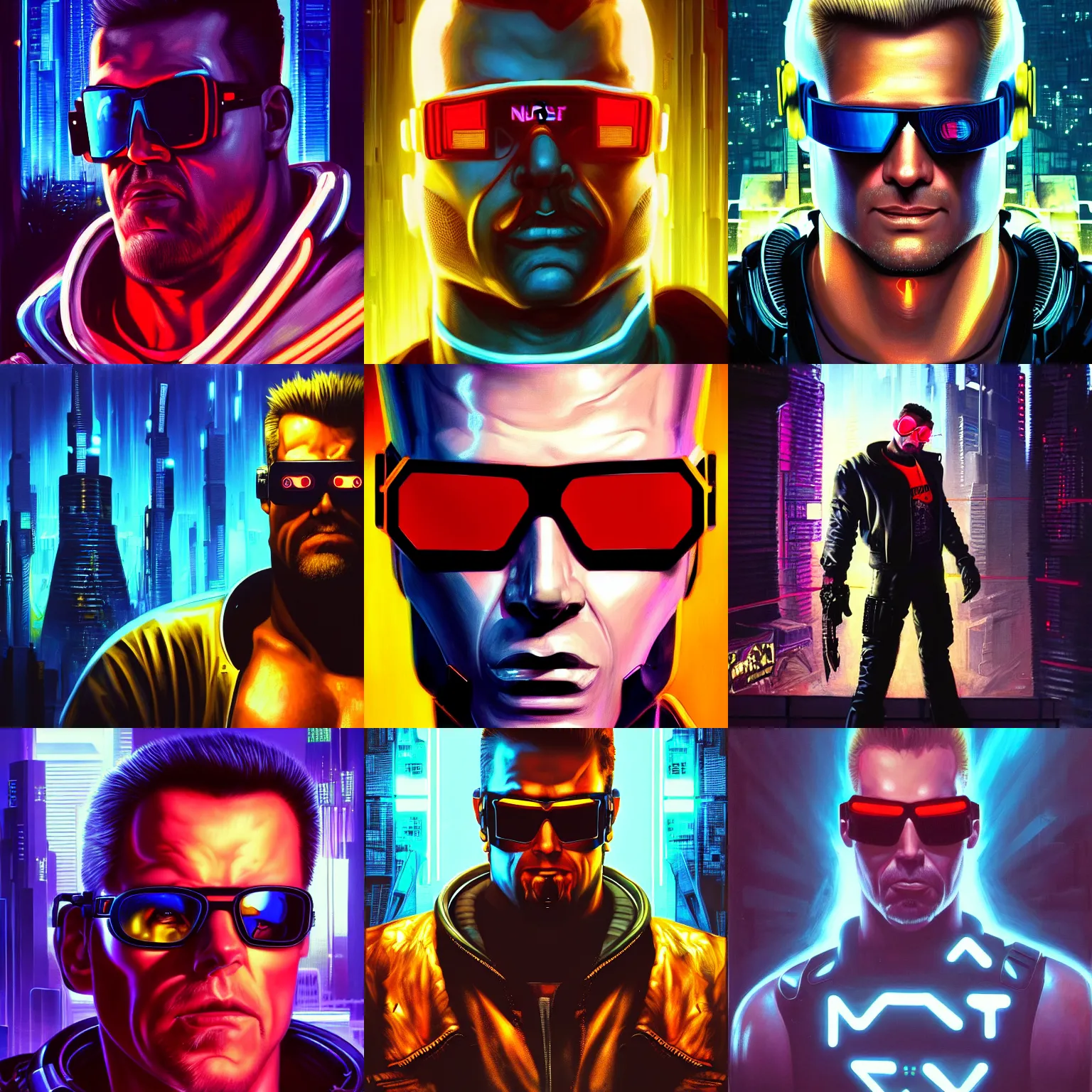 Image similar to a portrait of cyberpunk Duke Nukem wearing reflective surface mirror surface shades mirrorshades, Night City, cyberpunk 2077, neon megacity in the background, angry and bored, illustration, soft lighting, soft details, painting oil on canvas by mark arian by artgerm, trending on artstation, 4k, 8k, HD