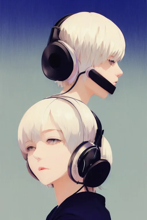 Prompt: a cute young woman listening to music with her eyes closed and wearing headphones by Ilya Kuvshinov and Range Murata, white bob cut hair, blue filter, blue and white, soft lighting, atmospheric, cinematic atmosphere, moody, Krenz Cushart, digital painting, 8k
