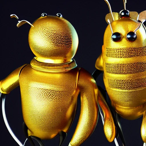 Prompt: portrait of two 3d bees made of metal, shiny, singing onstage into one microphone like Paul McCartney and George Harrison