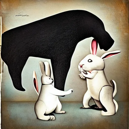 Image similar to A beautiful conceptual art of a large black dog with teeth bared, looming over a small white rabbit. The rabbit looks terrified, and the dog seems ready to attack. felt pieces by Jeannette Guichard-Bunel manmade