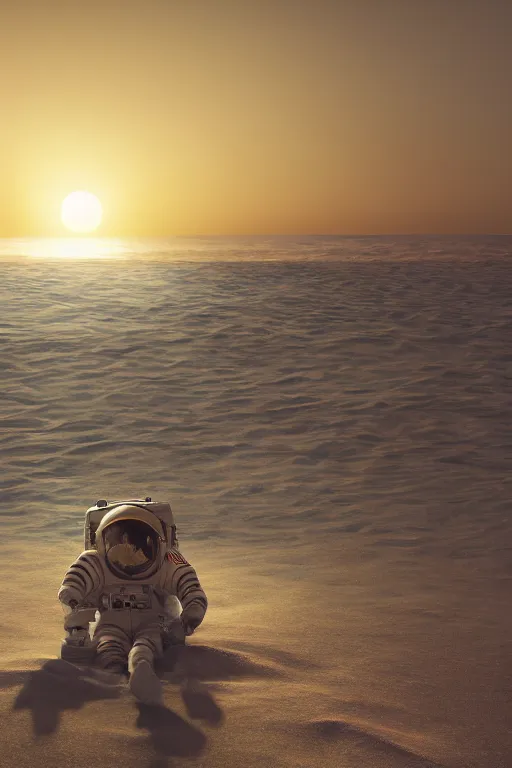 Image similar to a astronaut sitting on the beach looking to the sea at sunrise, concept art, octane render, unreal engine 5, trending on Artstation, high quality, highly detailed, 8K, soft lighting, godrays, path tracing, serene landscape, turbulent sea, high coherence, anatomically correct, hyperrealistic, sand, beautiful landscape, cinematic, clouds in the sky