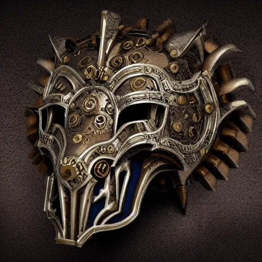 Prompt: steampunk ornate wolf mask made of engraved full plate armor and gears, Macro shot by Justin Gerard, unreal engine, physically based rendering