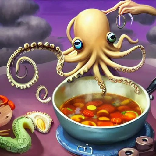 Prompt: octopus cooking soup among clouds, stirring a pot with a ladle and cutting vegetables, fantasy illustration, trending on artstation, deviantart, very realistic, 4k