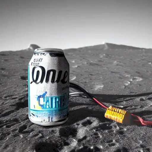 Prompt: a photo of a detailed, realistic, idle, regular sized electric guitar next to a beer can on the moon. detailed photo. realistic photo