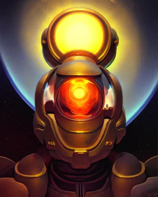 Image similar to zenyatta from overwatch, character portrait, portrait, close up, vintage fantasy art, vintage sci - fi art, radiant light, caustics, by boris vallejo