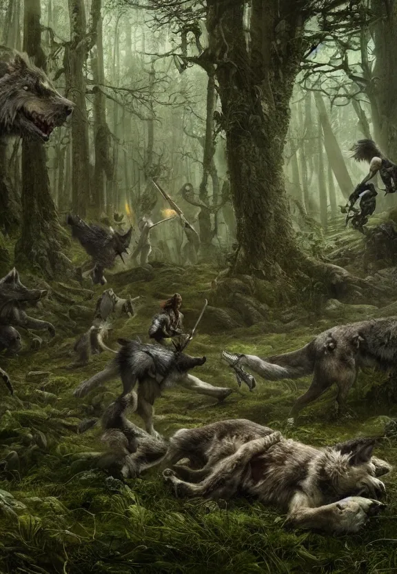 Prompt: a party of adventurers are attacked by a dire wolf in a forest glade, digital art, greg rutkowski, junji ito, unreal engine, octane render, cinematic lighting, highly detailed