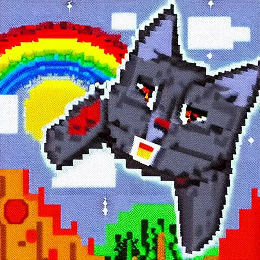 Image similar to Pixel art grey cat between toasts flying in space with rainbow trail
