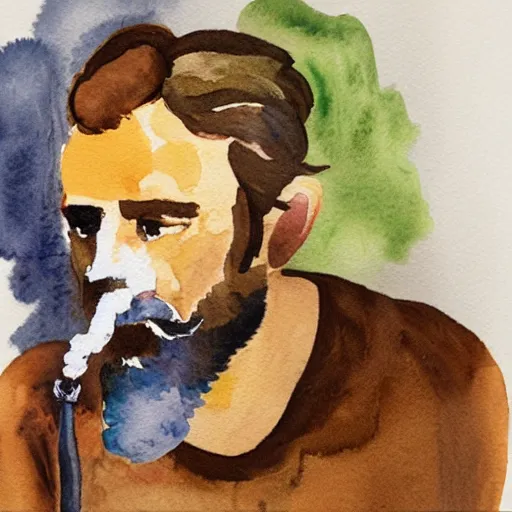 Prompt: Expressionism watercolor portrait of a man with a beard, he is smoking a cigarette, he is wearing a brown sweater