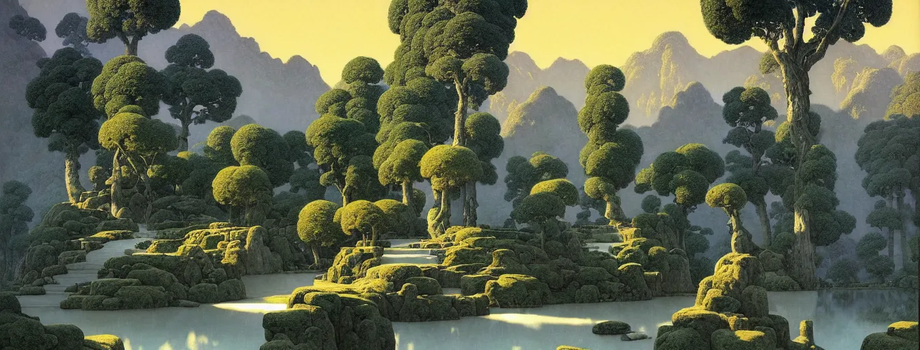 Prompt: a gorgeous very early spring landscape of tree canopies painting by barlowe wayne maxfield parrish and marco mazzoni. tree no leaf!!!! china mountain village!! grey blue and very little light verdancy. the winding stone steps. ultra clear detailed. 3 d, octane render. turbulent blood lake.