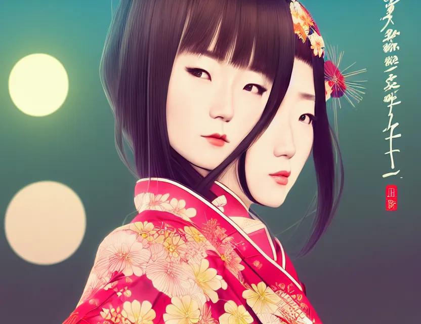 Image similar to two beautiful charming japan female superstar wear arty kimono in festival | | sunny night, festival,, realistic shaded, smile, good looking, hyper details, 4 k realistic, cryengine, realistic shaded lighting poster by ilya kuvshinov, fuji choko, ross tran, 8 k resolution, trending on artstation, luxury