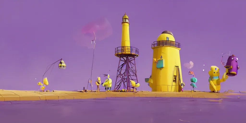 Prompt: cute purple and yellow cartoon monsters building a lighthouse by Goro Fujita and Simon Stalenhag , 8k, trending on artstation, hyper detailed, cinematic