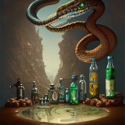 Image similar to a grinning anthropomorphic snake selling bottles of medicine, fantasy, steampunk, peter mohrbacher