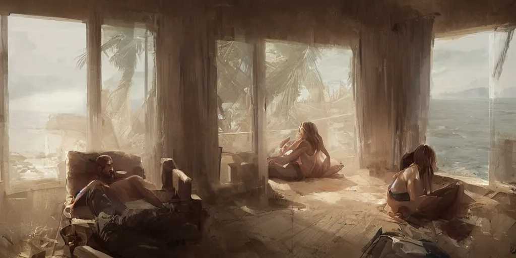 Prompt: a man cuddling his wife in their house by the beach, by greg rutkowski, trending on artstation