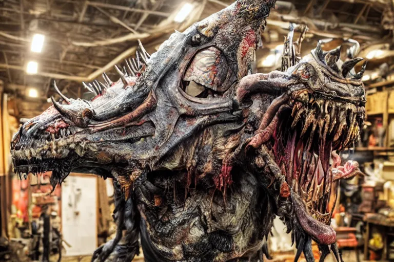 Image similar to photo taken of an epic intricate, ultra detailed, super realistic gritty, hero prop, exquisitely painted animatronic movie prop of a nightmarish hellish creature displayed in the workshop, created by weta workshop, full body shot, photorealistic, sharp focus