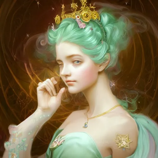 Image similar to Portrait of magical girl, dreamy and ethereal, mint green eyes, peaceful expression, ornate frilly dress, fantasy, intricate, elegant, beautiful, digital art, dynamic lighting, golden ratio, highly detailed, digital painting, trending on artstation, concept art, smooth, sharp focus, illustration, photo realistic, art by artgerm and greg rutkowski and alphonse mucha, 4K