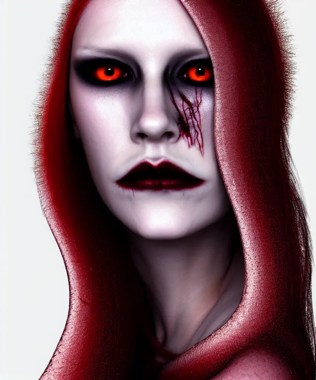 Prompt: surreal highly detailed portrait of a beautiful female vampire, long flowing silvered hair, depressing hopeless horrific vibe, 150 mm lens, soft rim light, bold crimson ornate robes, pronounced facial contouring, devious evil expression, pale skin, Alexander McQueen, high fashion, haute couture, rococo, anatomical, elegant, hyper realistic, octane render, unreal engine, by P. Craig Russell and Barry Windsor-Smith, volumetric lighting, 8k, vibrant high contrast coloring