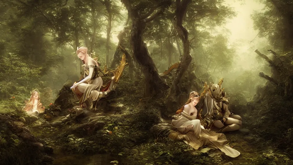 Image similar to elven princess sitting with sun wukong in the melancholy forest. andreas achenbach, artgerm, mikko lagerstedt, zack snyder, tokujin yoshioka