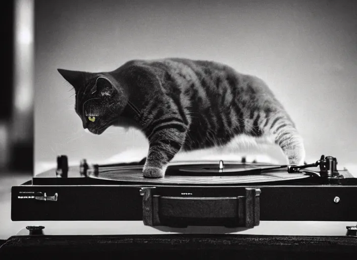 Image similar to photography of a Cat sitting on a record player. in a room full of vinyls and posters out of the 70's, photorealistic, raining award winning photo, 100mm, sharp, high res