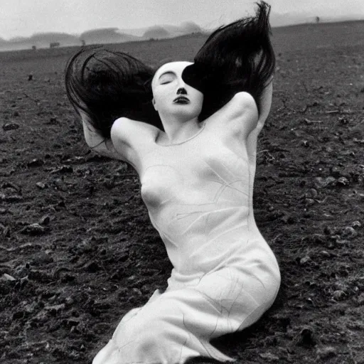 Image similar to art deco by hein gorny turbulent. a body art of a woman standing in a field of ashes, her dress billowing in the wind. her hair is wild & her eyes are closed, in a trance - like state. dark & atmospheric, ashes seem to be alive, swirling around.